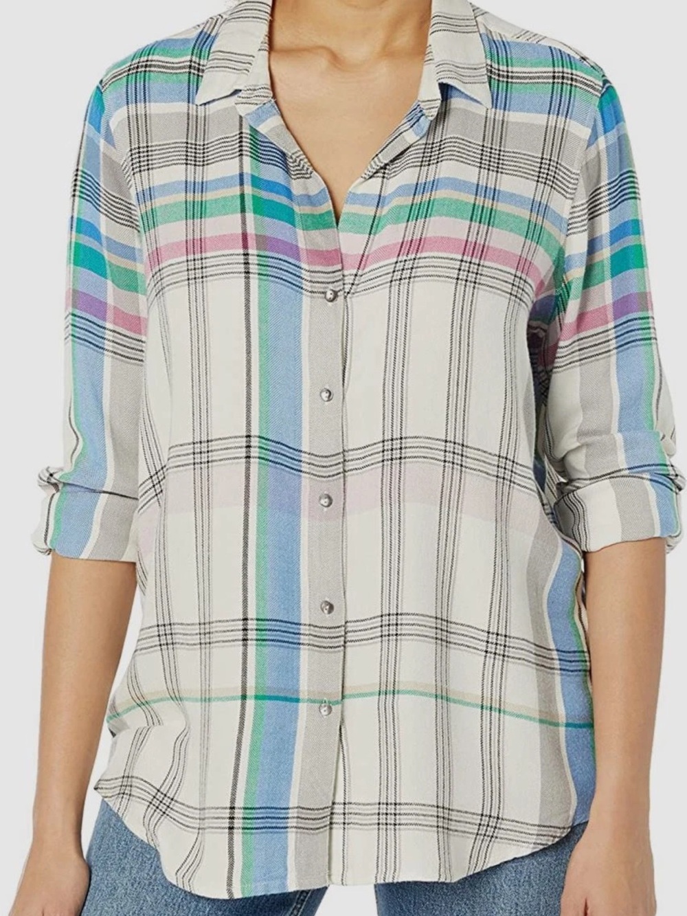 NIC+ZOE Multicolor Plaid Button-Down Shirt - Cream, Blue, Green, Pink